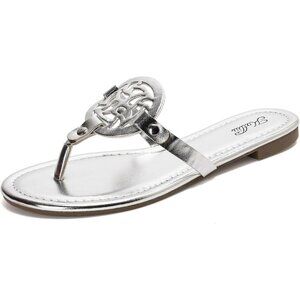 Women's Silver Flip Flop Comfortable Faux Leather Flat Sandals Shoes